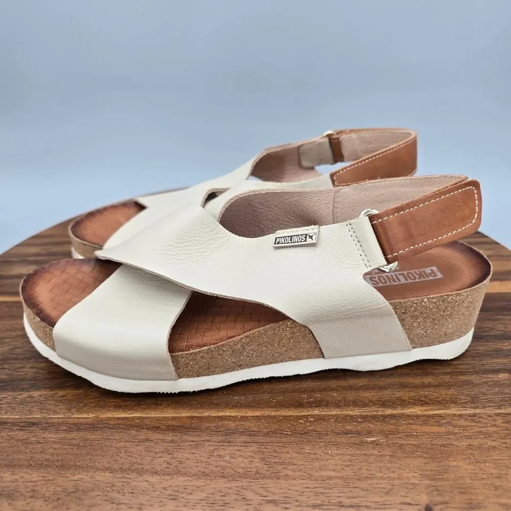 Pikolinos Mahon Sandals Womens 7 Ivory Leather Slingback Adjustable Cross Strap